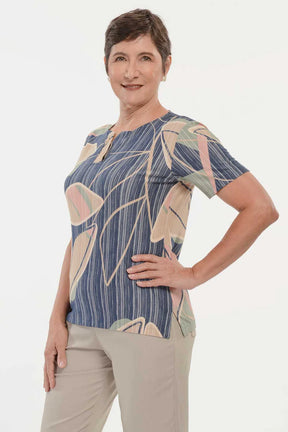 Blusa Visco Rajado Estampada Azul